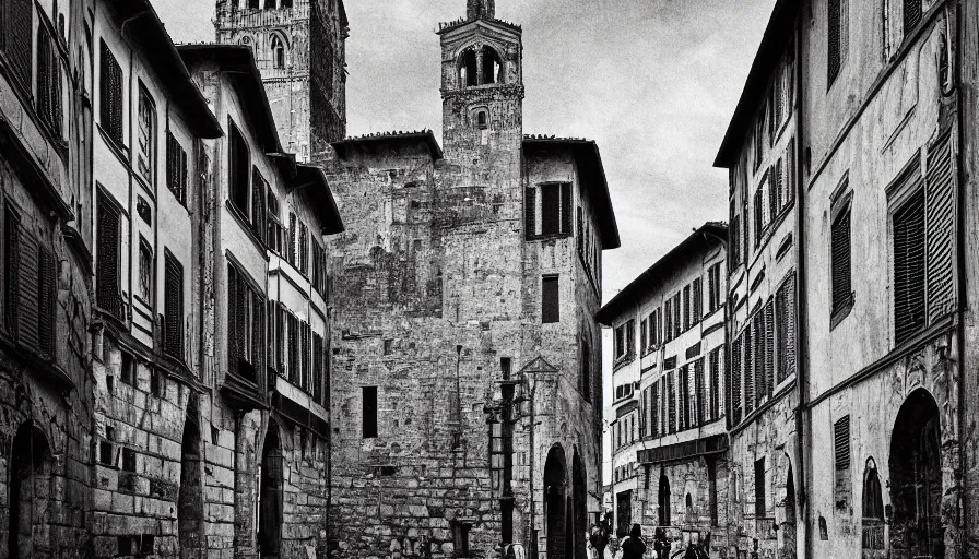 Image similar to florence old street in 1 6 th century with a tower in background, line art, black and white, dramatic lighting, cinematic composition, concept art