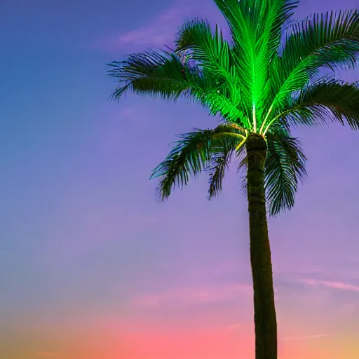 Prompt: realistic photo of an alien palm tree with glowing green crystal fruits, with a purple sky in the background, hyper realistic