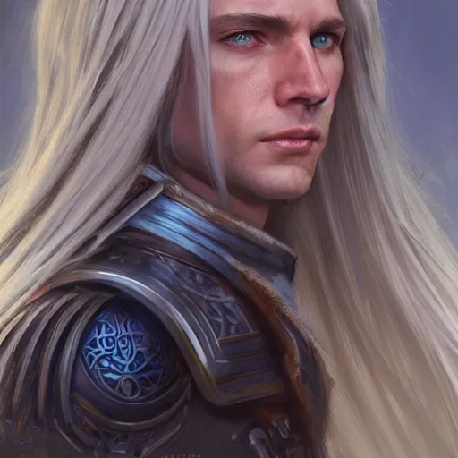 Prompt: 2 7 year old male with blue eyes and long straight blonde hair as a fantasy d & d character, closeup portrait art by donato giancola and greg rutkowski, realistic face, clean shaven, feminine features, digital art, trending on artstation, symmetry!!