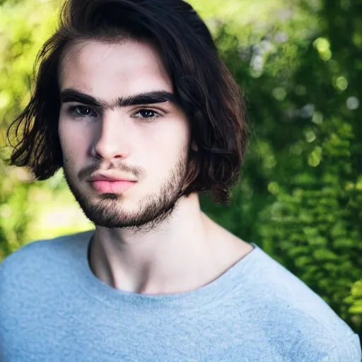 Image similar to portrait of 2 2 year old man with long messy brown hair, long face, strong brow