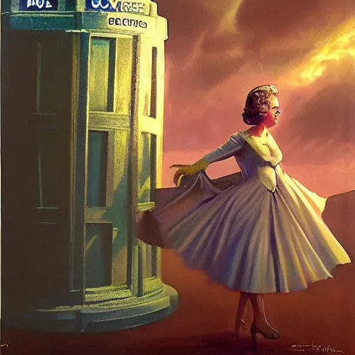 Image similar to Concept art of Queen Elizabeth II stepping out of the tardis, mysterious, ultrarealistic, cinematic lighting, 4k, wide angle, Bruce Pennington