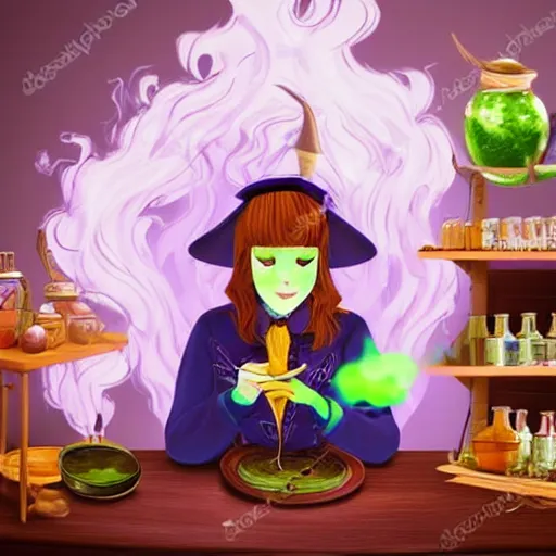 Image similar to teen witch mixing a spell in a cauldron, an owl is standing on the table, wispy smoke, witch hat, cinematic, green glowing smoke is coming out of the cauldron, ingredients on the table, unorganized apothecary shelves in the background