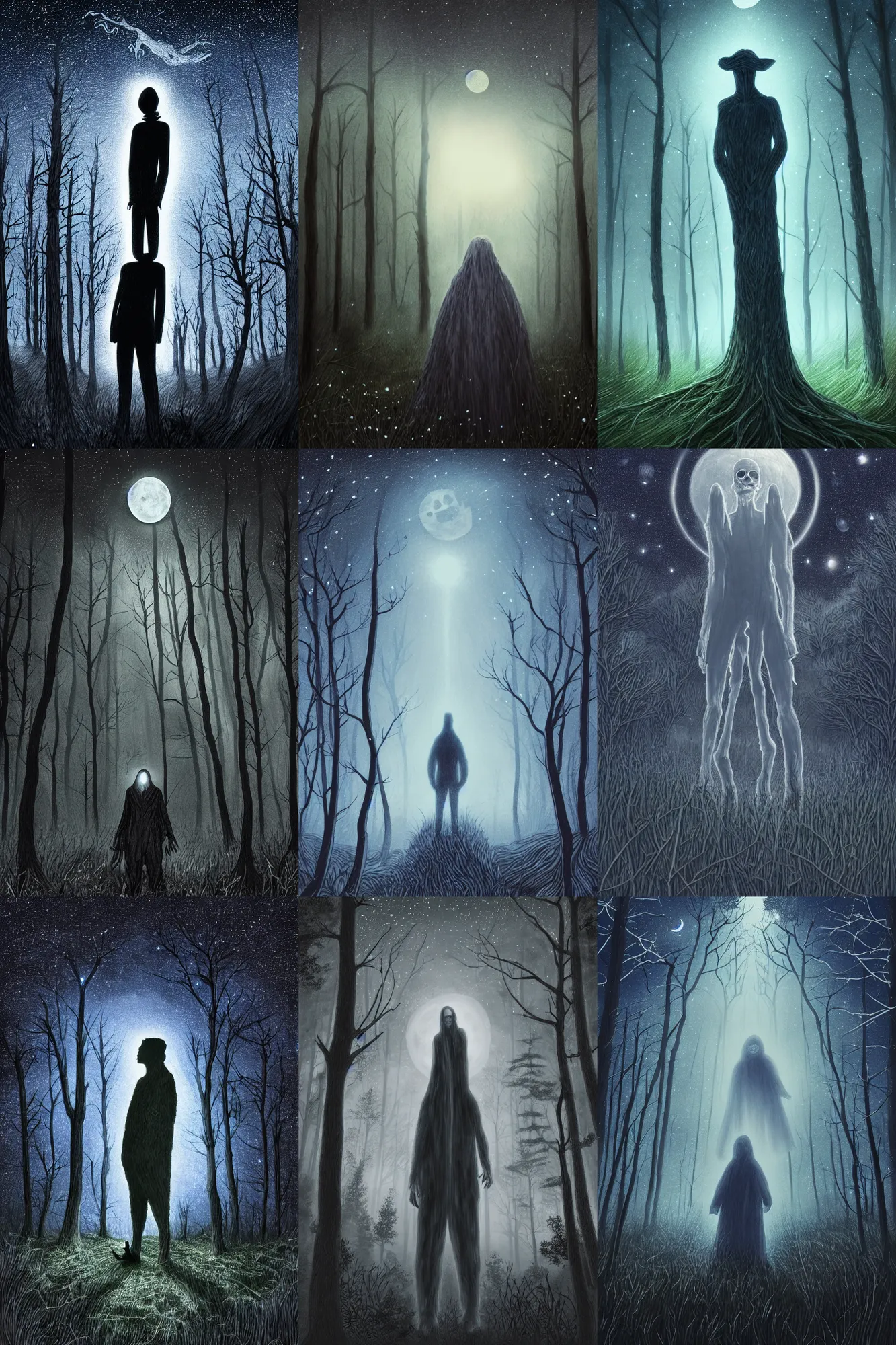 Prompt: hyper detailed character portrait of a ghostly figure standing in the forest plains of north yorkshire, a clear night, sky full of stars, moon in the sky, moonlight, moonlight god rays, sharp focus, illustration, concept art