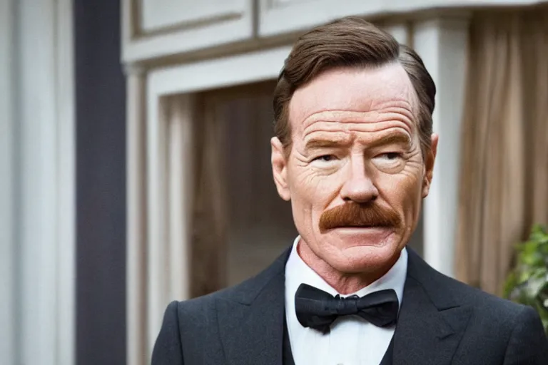 Image similar to mid-shot of Bryan Cranston as a butler in the new movie directed by Wes Anderson, symmetrical shot, idiosyncratic, relentlessly detailed, limited colour palette, detailed face, movie still frame, promotional image, imax 70 mm footage