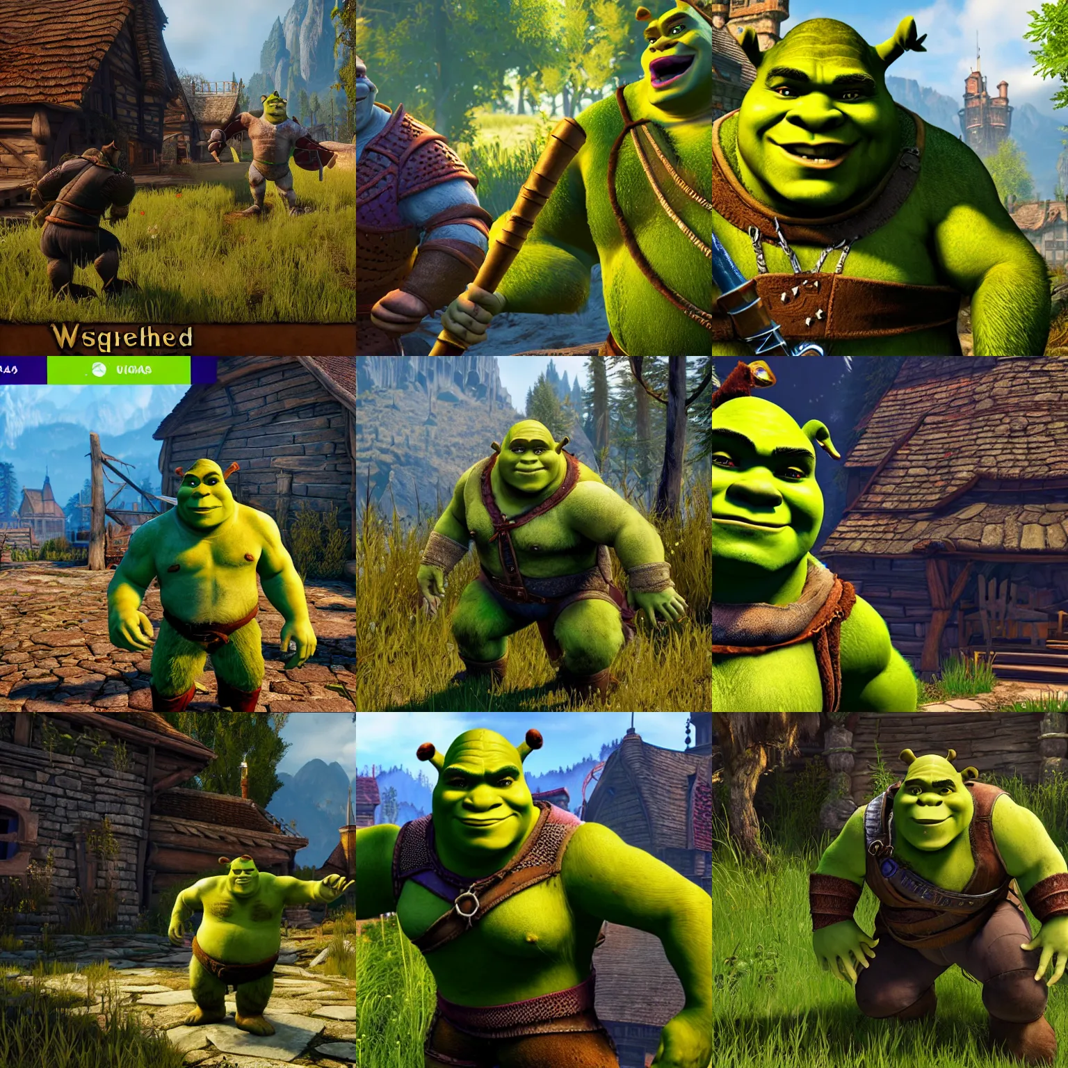 Prompt: screenshot of shrek in the witcher 3