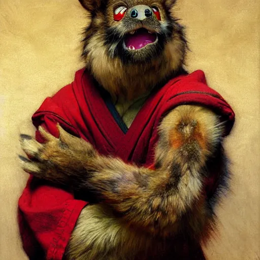 Image similar to a portrait of a furry hamato yoshi splinter wearing a red kimono, hairy, furry body, furry arms, feet, tail. highly detailed painting by gaston bussiere, craig mullins, j. c. leyendecker, furry