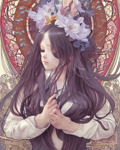 Image similar to illustrated by artgerm, range murata, alphonse mucha