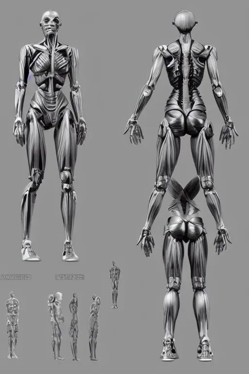 Image similar to symmetry!! full body female human anatomy concept, cybernetic implants, gun metal grey, mechanized limbs, muscular system reference, digital art, in the style of ben lol, brian sum, ramil sunga, herbert lowis, furio tedesschi, christopher cao, artstation, pinterest, deviantart, photoshop, octane render, unreal engine