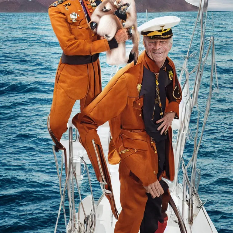 Image similar to high fashion photoshoot octane render portrait by wayne barlow and carlo crivelli and glenn fabry, a distinguished sea captain wearing a colorful uniform and holding a small monkey while standing on a beautiful high - end white and wood yacht, very short depth of field, bokeh