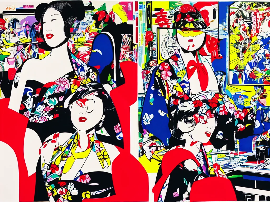 Image similar to hyperrealistic composition, in the middle a woman in a japanese kimono, behind her stands darth vader, in front of her a table from the casino, in the background is mount fuji and fireworks, pop - art style, jacky tsai style, andy warhol style, roy lichtenstein style, acrylic on canvas
