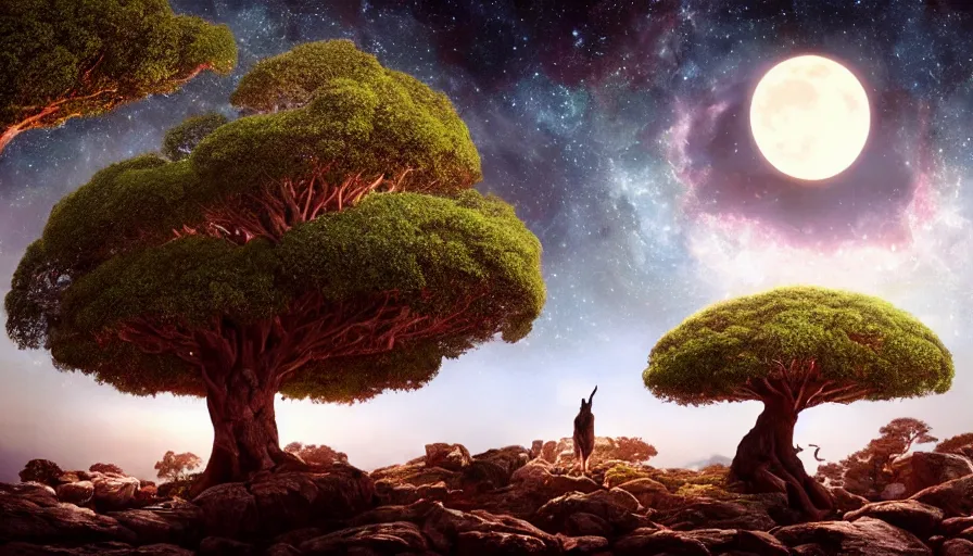 Image similar to very very small goat, sitting on a gigantic banyan tree in moonlit socotra island by ilya kuvshinov, starry night, rtx rendering, octane render 1 2 8 k, maya, extreme high intricate details by tom bagshaw, medium shot, close up shot, composition by sana takeda, lighting by greg rutkowski, stranger things