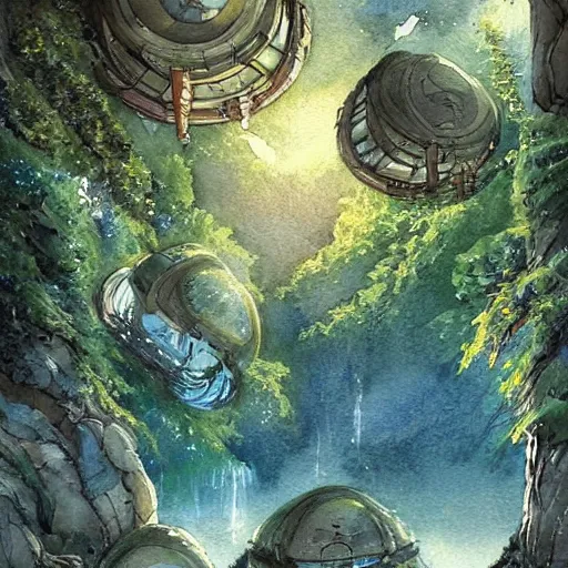 Image similar to beautiful happy picturesque charming sci - fi organic pod - like homes of the future in a beautiful natural scene. water, trees and rocks. beautiful light. soft colour scheme. beautiful artistic detailed watercolor by lurid. ( 2 0 2 2 )