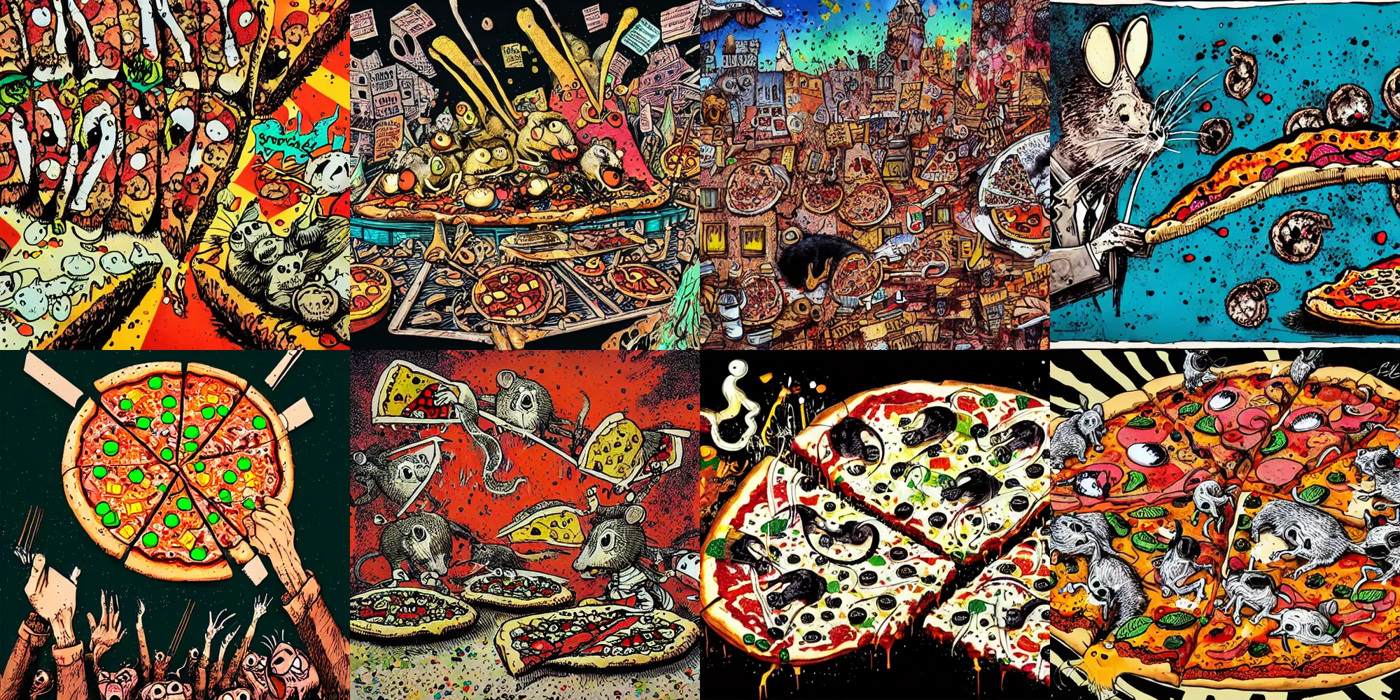 Prompt: pizza city filled with rats, Ralph steadman, psychedelic, surreal, ink splatter, detailed, 4k