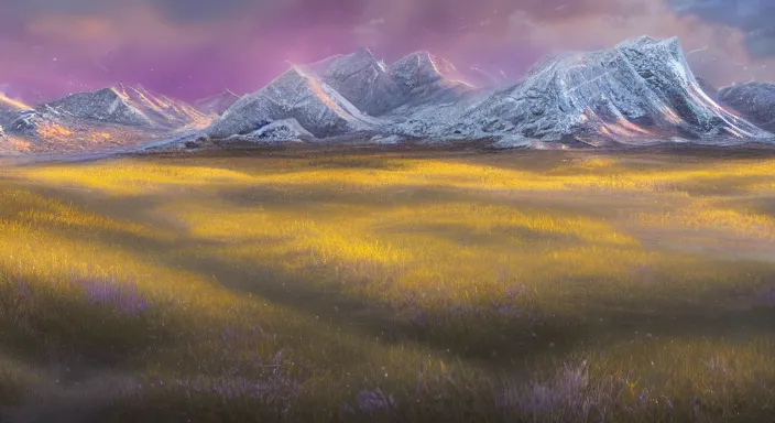 Image similar to A professional digital landscape painting of a vast wintery tundra with peaking mountains in the background, painted by Terese Nielsen, 4k, digital art, trending on cgsociety, highly detailed, upper body shot, shallow depth of field, purple and yellow lighting, professional lighting, airbrush,