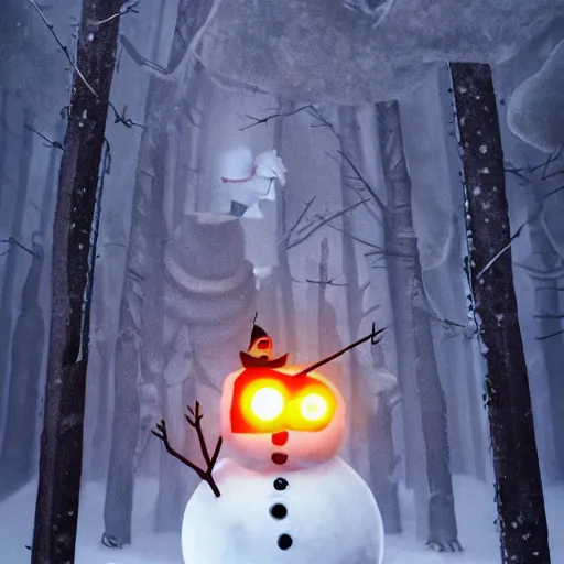 Image similar to a snowman, half made out of cyborg parts, with one glowing red eye, with an evil smile on his face, in the middle of a snow forest, dynamic lighting, photorealistic fantasy concept art, trending on art station, stunning visuals, creative, cinematic, ultra detailed