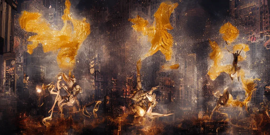 Image similar to 'Deamons unleashed in Times Square' by István Sándorfi royally decorated, whirling smoke, embers, gold encrustations , gilt silk torn fabric, radiant colors, fantasy, perfect lighting, studio lit, volumetric lighting, micro details, 3d sculpture,