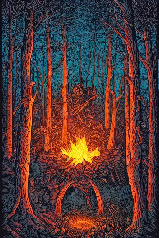 Image similar to A bonfire in the forest by Dan Mumford