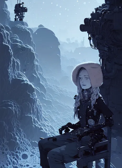 Image similar to highly detailed portrait of a hopeful frostpunk long blonde hair lady with robotic limbs, stray wiring by atey ghailan, james gilleard, by joe fenton, by greg rutkowski, by greg tocchini, by kaethe butcher, 4 k resolution, gradient blue, black and white color scheme!!! ( ( glacier cave background ) )