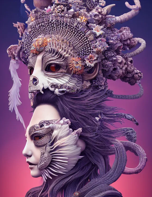 Image similar to 3 d goddess close - up portrait with crown, ram skull. beautiful intricately detailed japanese crow kitsune mask and clasical japanese kimono. betta fish, jellyfish phoenix, bioluminescent, plasma, ice, water, wind, creature, artwork by tooth wu and wlop and beeple and greg rutkowski