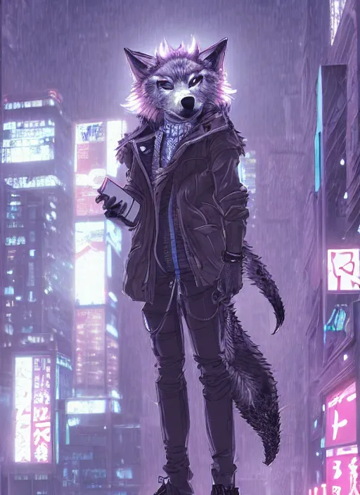 Image similar to character portrait of a male anthro wolf fursona with a tail and a cute beautiful attractive detailed furry face wearing stylish cyberpunk clothes in a cyberpunk city at night while it rains. hidari, color page, tankoban, 4K, tone mapping, Akihiko Yoshida.