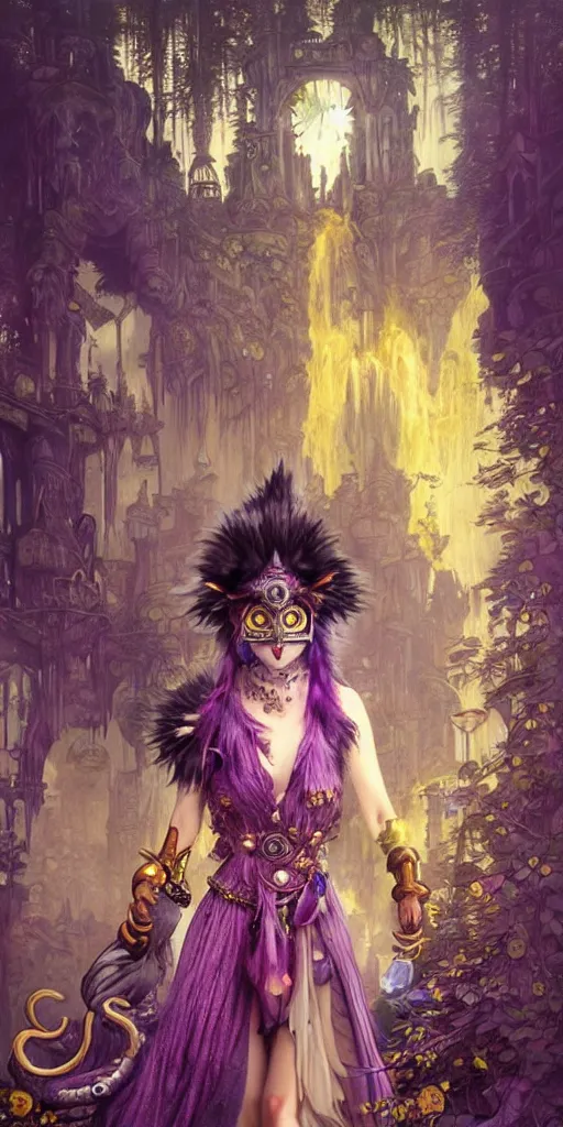 Image similar to hyper realistic Princess Mononoke in her mask, busy metropolis, city landscape, wolves, magic, castle, jewels, style of tom bagshaw, mucha, james gurney, norman rockwell, gems and gold, waterfalls, denoised, sharp, yellow purple and black colours,