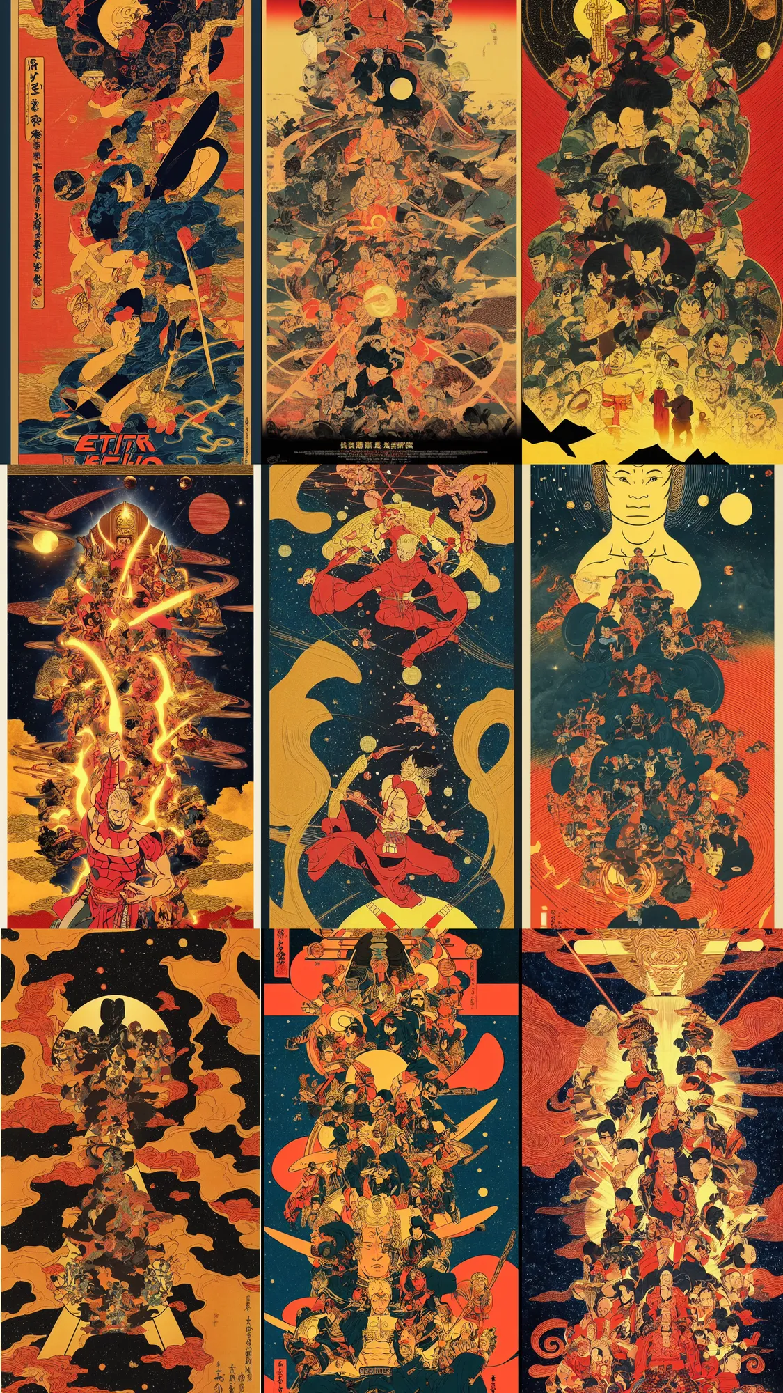 Prompt: the eternals movie poster ukiyo-e, limited palette, highly detailed, full size, centered mass, golden, epic, dark background of outer space, lasers, full cast, collage, award winning