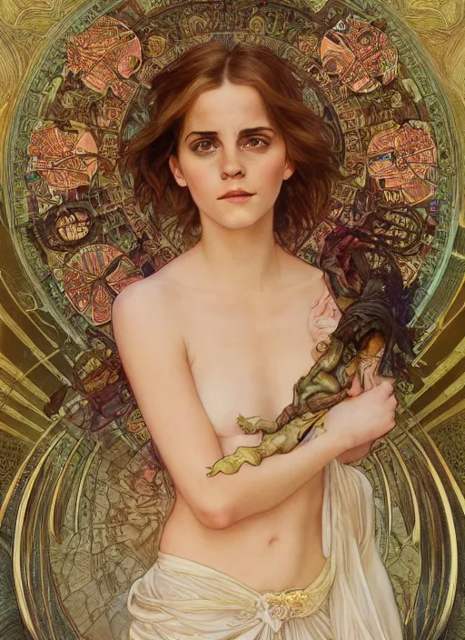 Image similar to Emma Watson as God of Beautifully, full body shot, cute, fantasy, intricate, elegant, highly detailed, digital painting, 4k, HDR, concept art, smooth, sharp focus, illustration, art by alphonse mucha,artgerm, H R Giger