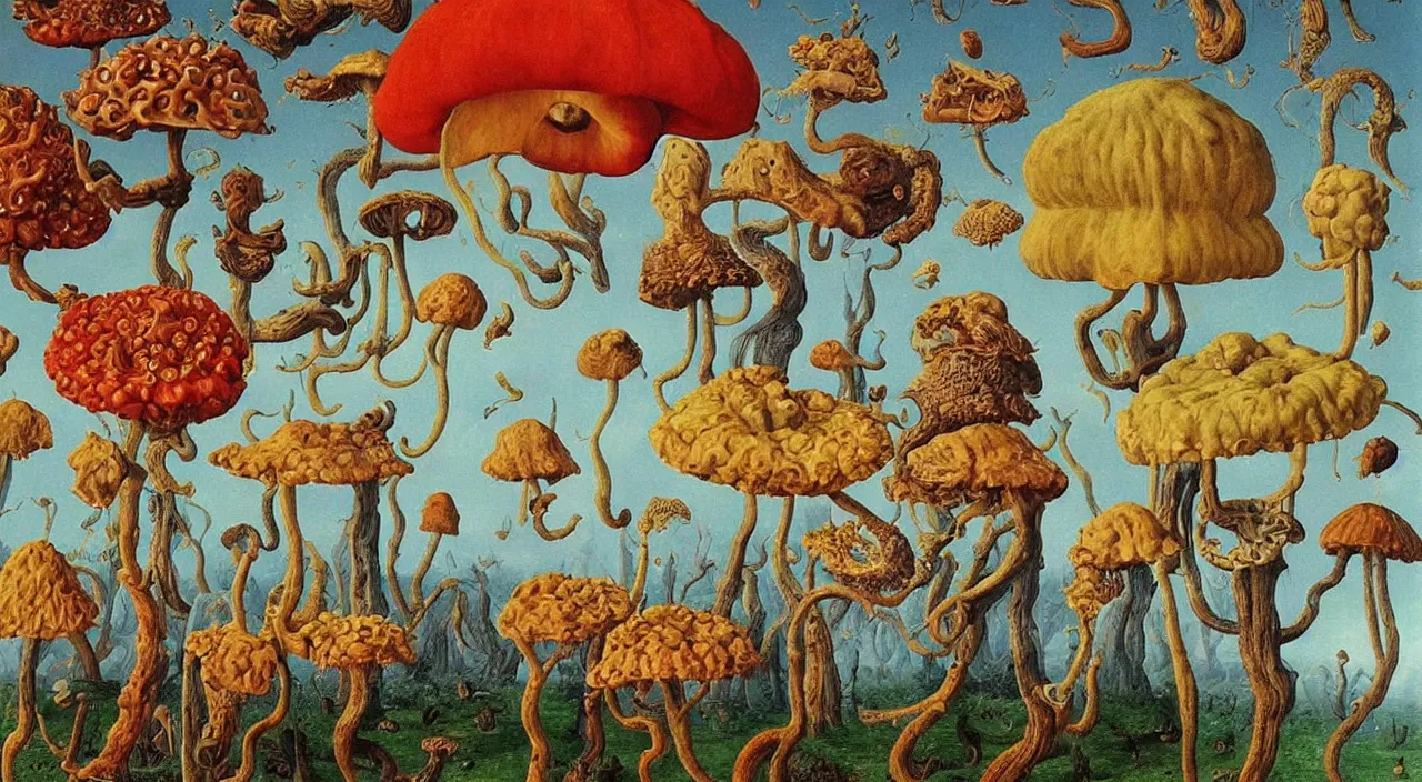 Image similar to a single colorful! ( lovecraftian ) fungus white! clear empty sky, a high contrast!! ultradetailed photorealistic painting by jan van eyck, audubon, rene magritte, agnes pelton, max ernst, walton ford, andreas achenbach, ernst haeckel, hard lighting, masterpiece