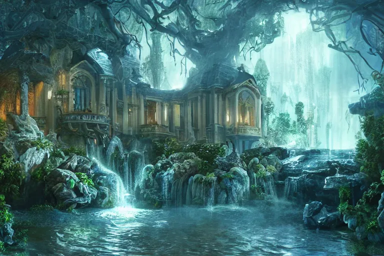 Image similar to the most amazing dream you ever had about mansion of elemental of water, hyper realistic, ambient lighting, concept art, intricate, hyper detailed, smooth, dynamic volumetric lighting, octane, cinematic