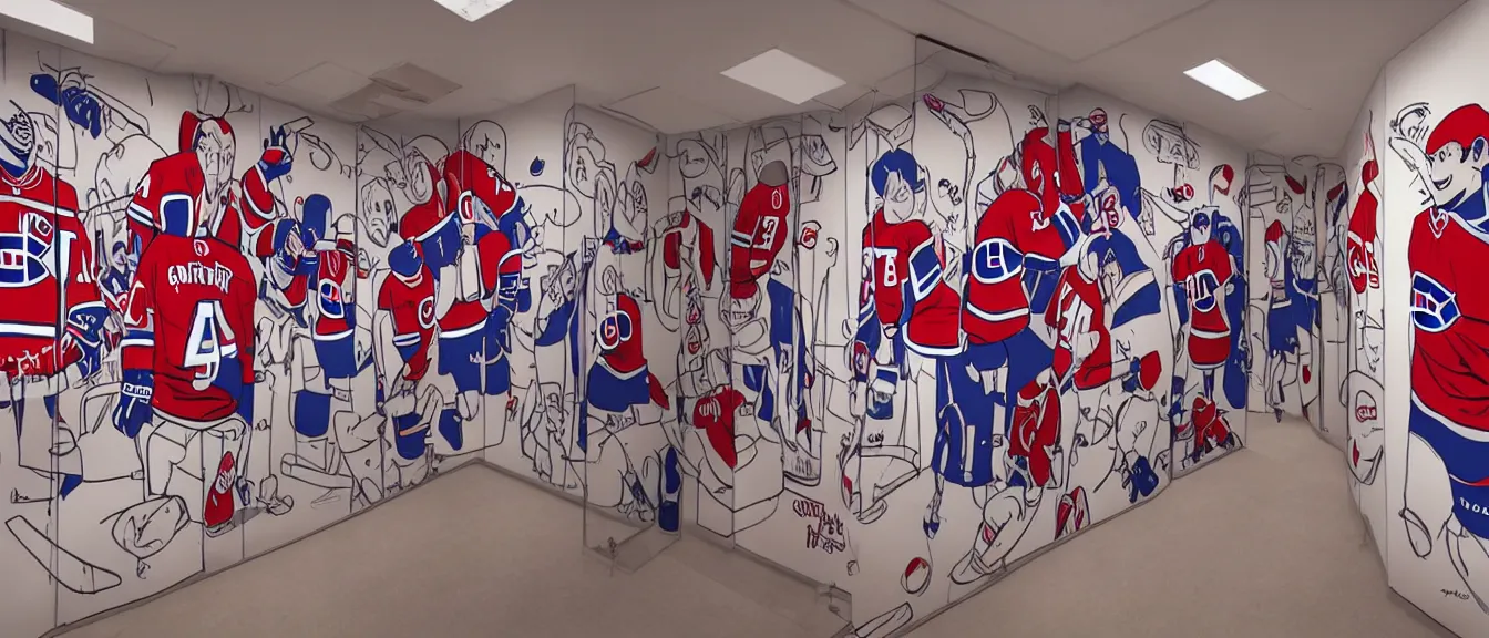 Image similar to montreal canadiens habs centre bell hockey dressing room, style of studio ghibli + moebius + basquiat, cute, detailed,