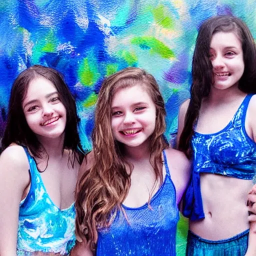 Image similar to “springbreak party, 3 teenage girls, blue tones, hyper realistic oil painting”