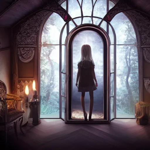 Prompt: looking from behind at a very detailed, young girl with blonde hair just walking through a portal to a fantasy world embedded in large, wooden, ornate, square mirror standing in a very dark, dimly lit, photorealistic attic with wodden furnishing and dreamlike light incidence, realistic style