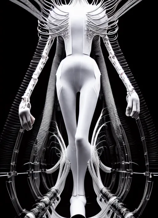 Image similar to walking down the catwalk, show, stage, vogue photo, podium, fashion show photo, iris van herpen, beautiful woman, full body shot, masterpiece, inflateble shapes, alien, giger, plant predator, guyver, jellyfish, wires, veins, white biomechanical details, wearing epic bionic cyborg implants, highly detailed