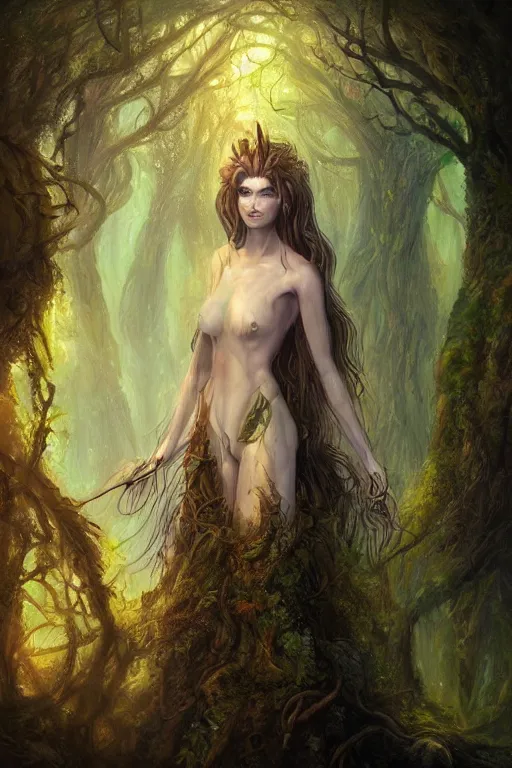 Prompt: portrait of a dryad, fantasy painting, dryad priestess inspired by brian froud, inspired by dungeons and dragons, mysterious, in an evening autumn forest, trending on art station, sunset evening lighting, ominous shadows by jessica rossier