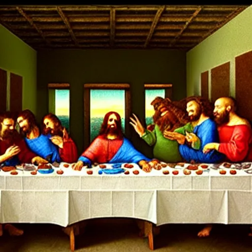 Image similar to The Last Supper but Shrek instead of Jesus by Da Vinci