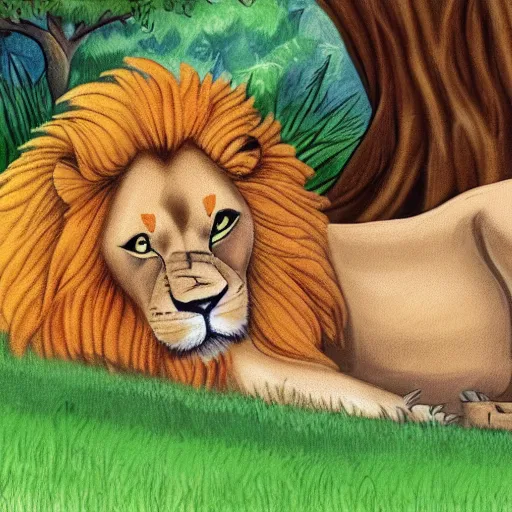 Prompt: Lion resting in the shade, thick outlined Cartoon for children's book 2-4 years, ArtStation, sharp focus, 4k