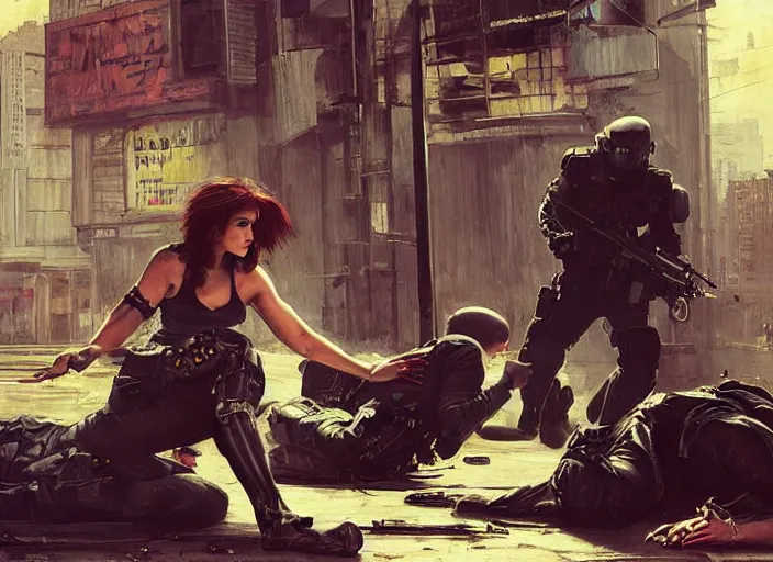 Prompt: Maria evades sgt Griggs. clever Cyberpunk hacker escaping Menacing Cyberpunk police trooper griggs. (dystopian, police state, Cyberpunk 2077, bladerunner 2049). Iranian orientalist portrait by john william waterhouse and Edwin Longsden Long and Theodore Ralli and Nasreddine Dinet, oil on canvas. Cinematic, vivid colors, hyper realism, realistic proportions, dramatic lighting, high detail 4k