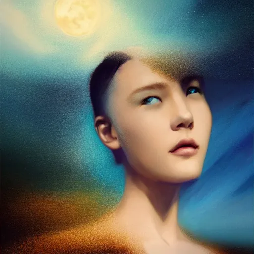 Prompt: 3 d, sci - fi, close - up, night, smiling fashion model face, moon rays, cinematic, clouds, vogue cover style, man on the horizon : :. 1, blue mood, realistic painting, intricate oil painting, high detail illustration, figurative art, multiple exposure, poster art, 3 d, by tooth wu and wlop and beeple