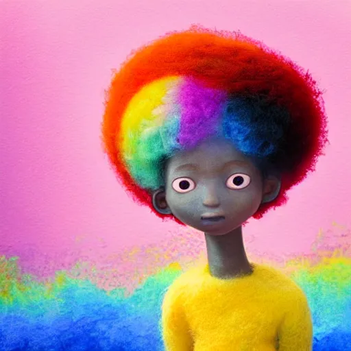 Image similar to a black girl with a colorful afro and cute! eyes sliding down a rainbow!, bright colors, watercolor, volumetric wool felting, macro photography, children illustration, by goro fujita