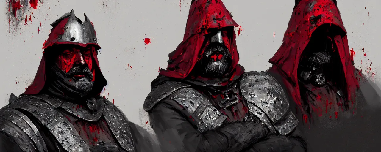 Image similar to duotone crimson comic noir illustration 3 / 4 portrait of bloody baron fat old man with patchy beard in steel armor and crimson cape hood from wicther 3 sitting in a wooden stronghold. by sachin teng and sergey kolesov and ruan jia and heng z. graffiti art, scifi, fantasy, hyper detailed. octane render. concept art. trending on artstation