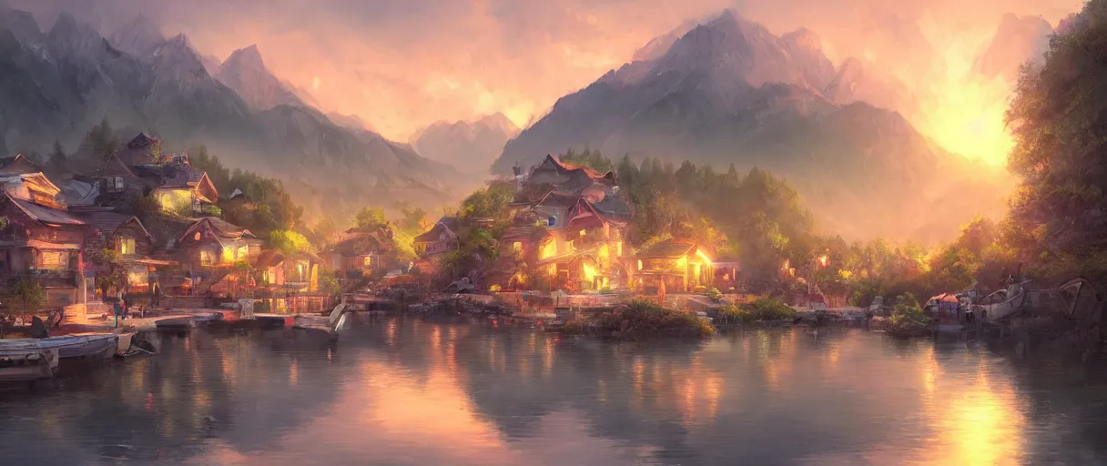 Prompt: fishing village crowded with houses around a lake, mountains in background, concept art, digital painting, style of jordan grimmer, warm lighting, futuristic, volumetric lighting, view from below, vivid colours, bright, daytime, godrays, high detail