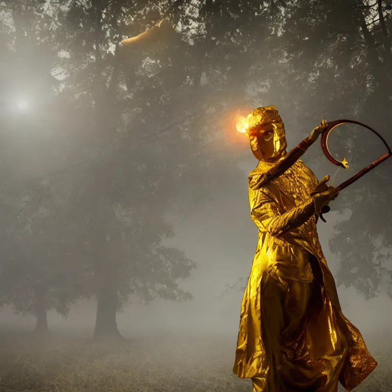 Image similar to golden man holding a sword obsidian sword sword on fire (Foggy forest backdrop) (red crescent moon) (white fog)
