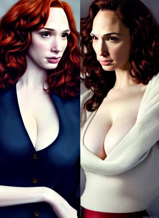 Image similar to a gorgeous christina hendricks and gal gadot hyrid, photo, professionally retouched, soft lighting, torso, legs, feet, long coat, realistic, smooth face, perfect eyes, wide angle, sharp focus on eyes, 8 k high definition, insanely detailed, intricate, elegant, art by artgerm, snowy winter