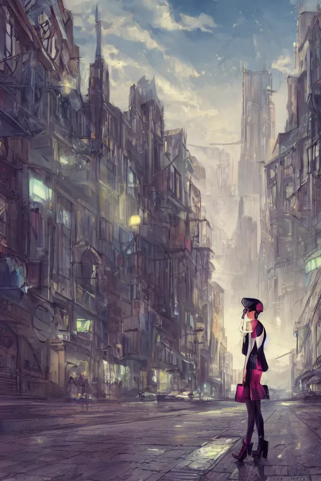 Prompt: concept art, a pretty duck girl, cities, godrays, wide views, on the street