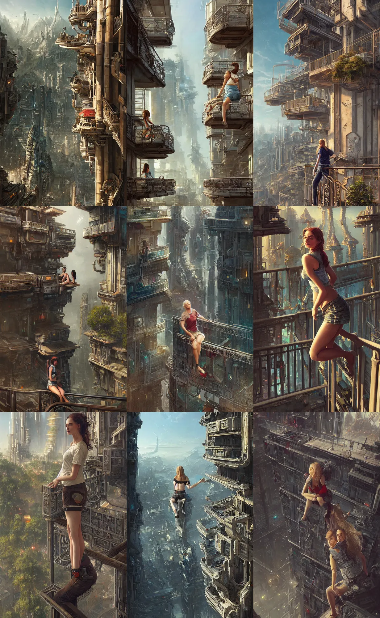 Prompt: lower half of image is foreground full body shot of a woman in shorts and t - shirt sitting on balcony railing, upper half of image is sci - fi fantasy city, digital painting, intricately detailed, highly detailed, artwork by greg rutkowski