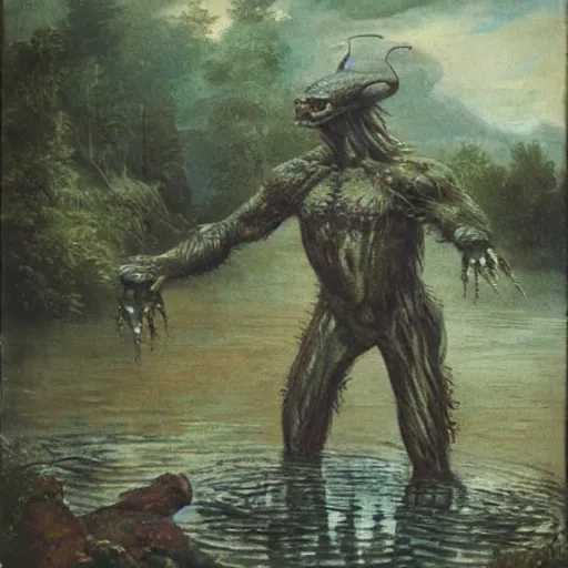 Prompt: a humanoid monster emerging from a pond