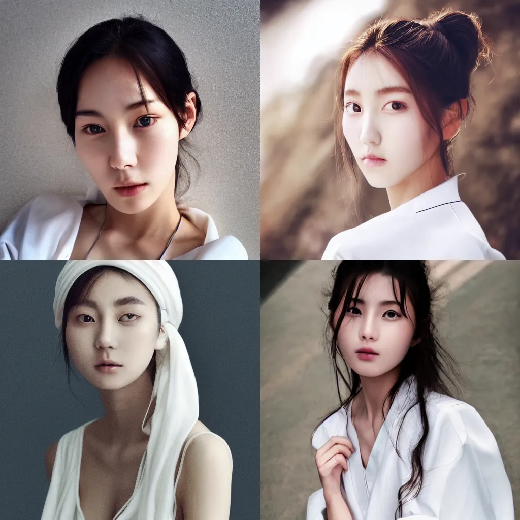 Prompt: korean beauty in long flowing white clothing, hair tied up, deep brown eyes, soft light skin, portrait mode photo style, photo realism, high detail
