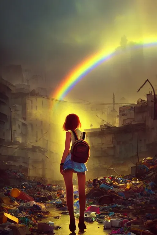 Image similar to beauty teenage girl minishort with backpack looking at food at garbage dump, destroyed cars, city is pure wasteland, moody sunset background, rays of sunlights, ( ( ( rainbow ) ) ), high details, sharp, photorealism, cinematic, greg rutkowski, alphonse mucha, trending on artstation, artgerm, unreal engine, highly detailed