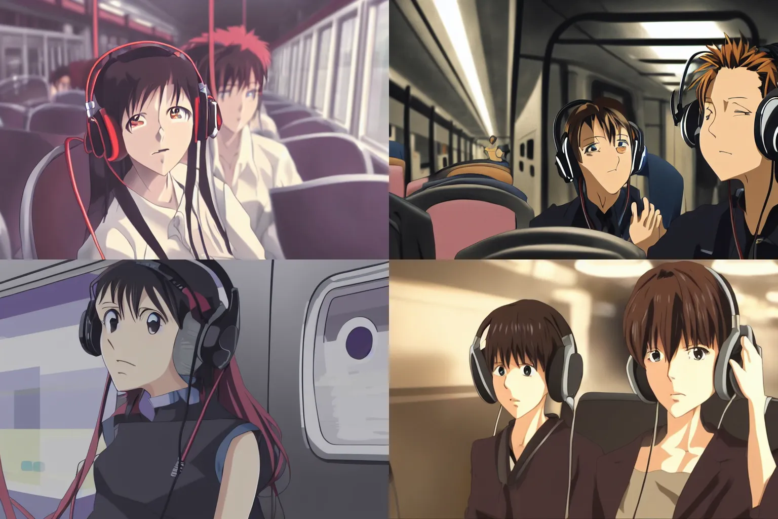 Prompt: film still from a 2000s anime movie, girl with headphones sits on train, moody lighting