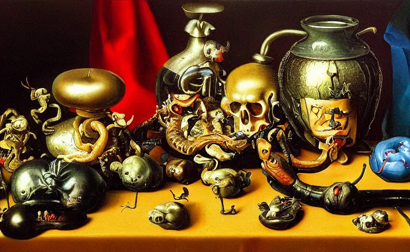 Image similar to disturbing colorful oil painting dutch golden age vanitas still life with grotesque bizarre objects strange gooey surfaces shiny metal rubber bizarre insects rachel ruysch dali todd schorr very detailed perfect composition rule of thirds masterpiece canon 5 0 mm, cinematic lighting, photography, chiaroscuro, film, kodachrome